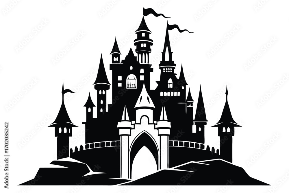 Obraz premium Silhouette of Fantasy Castle with Flags and Turrets on a Hillside Setting
