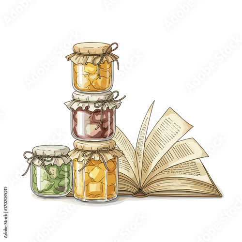 Stack of glass jars with homemade preserves and recipe book isolate on white background