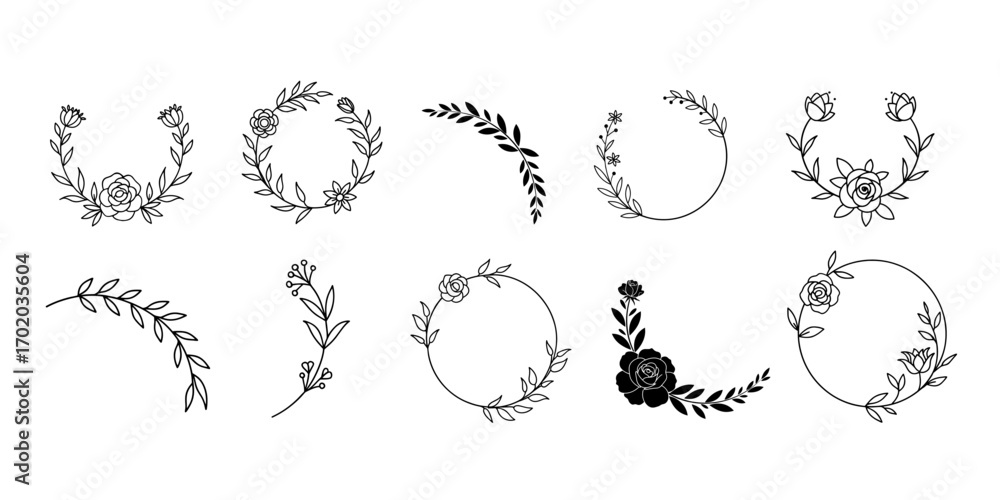 Fototapeta premium Collection of floral and leaf line art elements flower