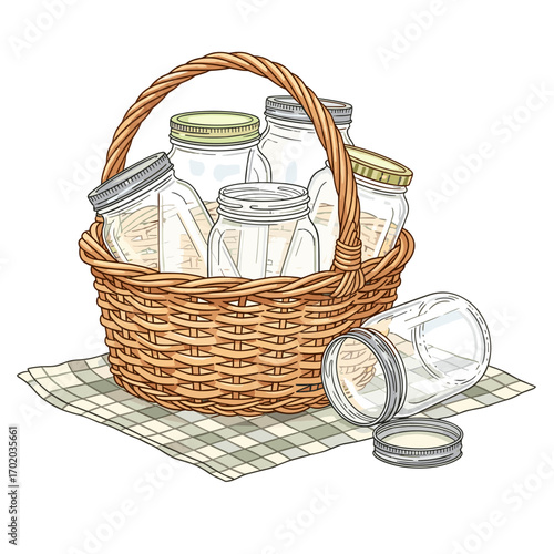 Wicker basket with empty glass jars and lids isolate on white background