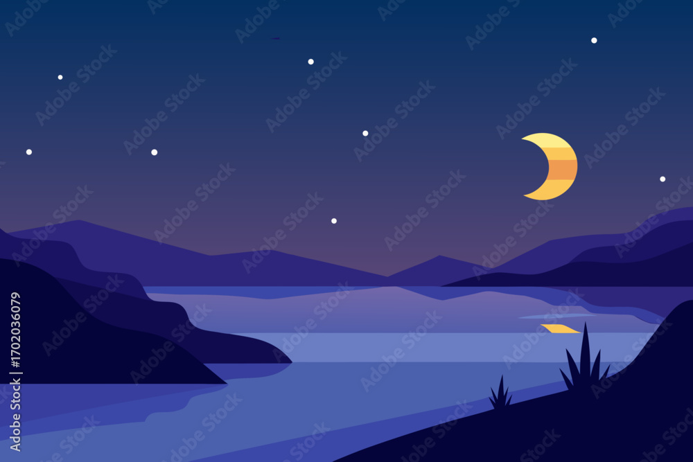 Fototapeta premium Evening Glow on Peaceful Shores Vector Illustration