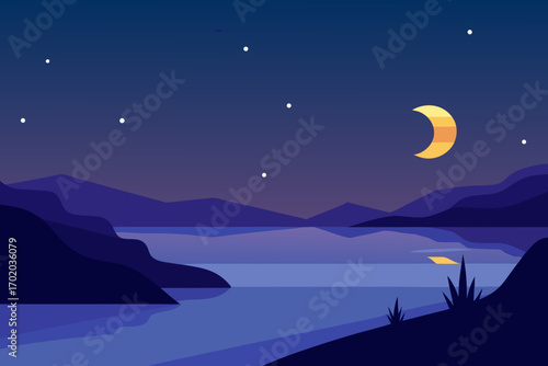Evening Glow on Peaceful Shores Vector Illustration
