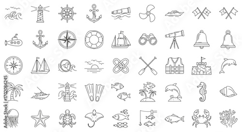 Hand-drawn nautical marine icons set. Ocean travel, sea life, beach adventure, and summer vacation line art sketches.