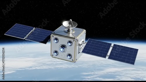 A small satellite equipped with solar panels orbits the Earth, showcasing advanced technology in space