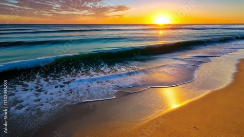 A breathtaking sunset over the ocean, with vibrant colors reflecting on the water and gentle waves lapping at the sandy shore, creating a serene and tranquil atmosphere.