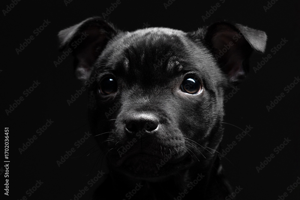 Fototapeta premium Portrait of black puppy dog on a black background. He is looking at the camera. Breed Staffordshire Bull Terrier. 