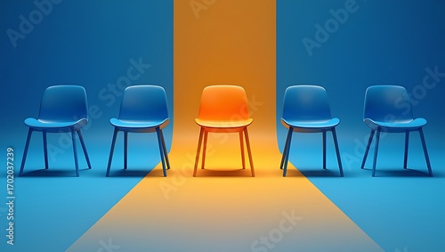 Unique Orange Chair Stands Out Amongst Blue Chairs in a Row