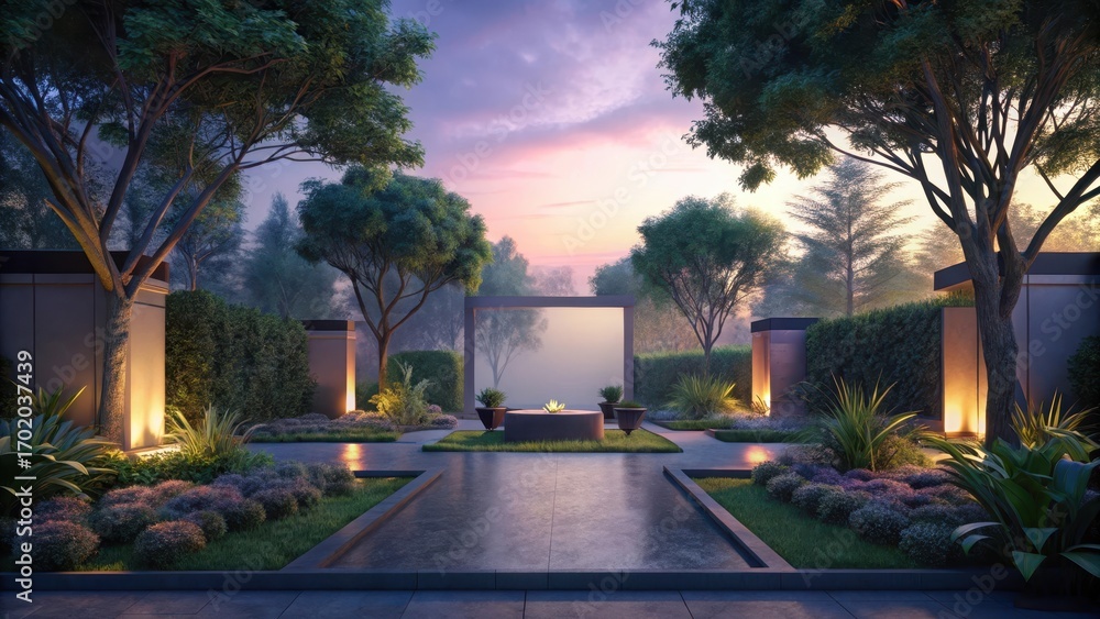 Obraz premium Serene garden atmosphere at dusk