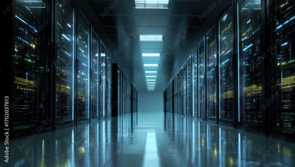 Fototapeta premium Inside a Modern Data Center: Servers, Technology, and Innovation