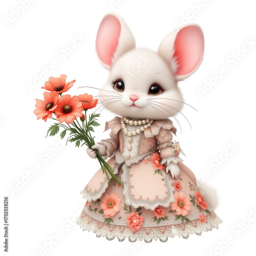 Cute White Mouse in Elegant Pink Dress Holding Flowers.