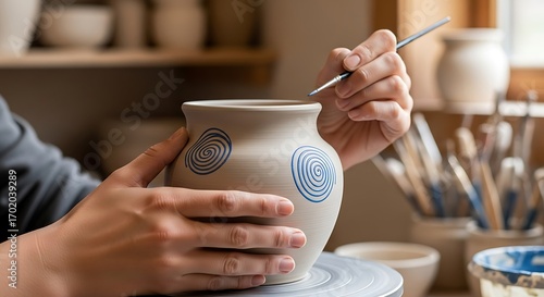 Artisan paints pottery with abstract spiral patterns in a studio