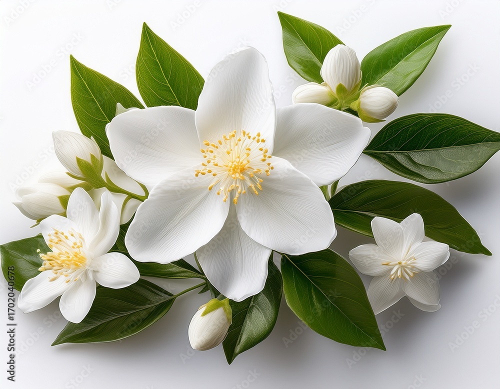 Obraz premium a serene white jasmine blossom with delicate star shaped flowers on a pure white background