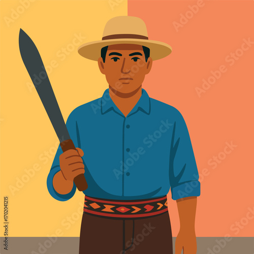 Campesino latino con su machete y ropa tipica