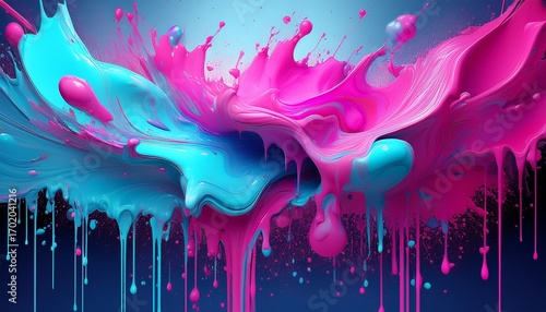 drip and splatter paint background with vivid cyan and magenta