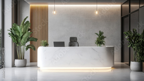 Dental Clinic Reception counter mockup welcome front entrance Modern style interior registration dentist copy space desk indoor decoration design front view