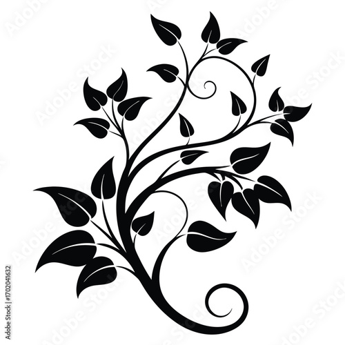 Black Silhouette of Elegant Leafy Branch with Swirling Stem Illustration Design