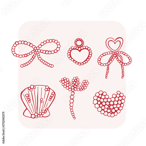 Charming hand drawn whimsical illustrations with pearls. Mediterranean style coquette vector doodle illustration 