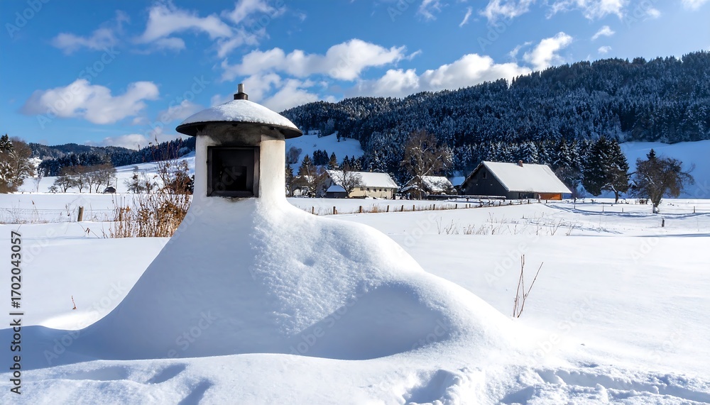 Obraz premium A snow-covered structure stands in a winter landscape, showcasing a picturesque village nestled amidst a backdrop of forested mountains.