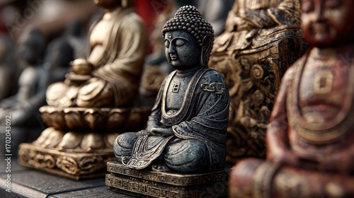 Serene row of meditative Buddha statues capturing the essence of tranquility