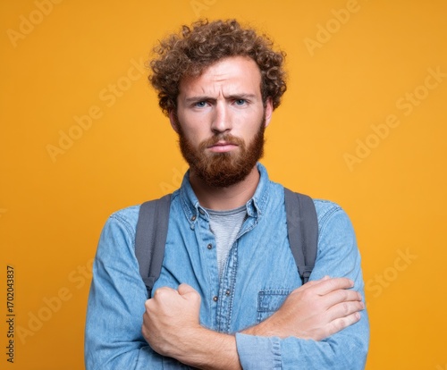 A man with a serious expression, arms crossed, stands against a bold, bright orange backdrop, conveying a sense of resoluteness and contemplation.