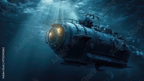 Innovation and growth in business development with a vintage submarine exploring the deep blue ocean under sunbeams.