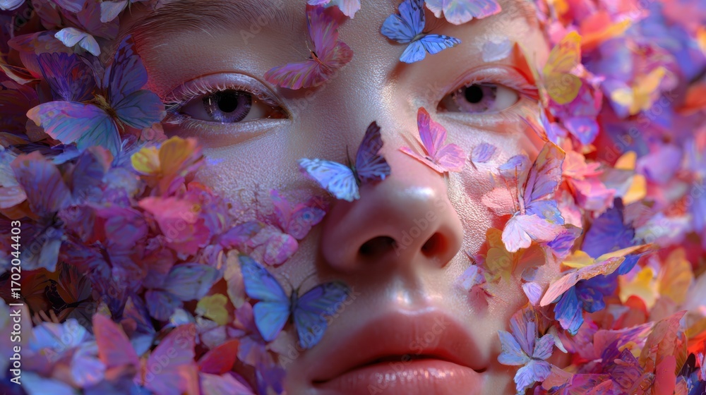 custom made wallpaper toronto digitalA woman’s face covered with butterflies and flowers slowly transforms as they fly away into the air.