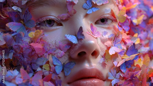 Wallpaper Mural A woman’s face covered with butterflies and flowers slowly transforms as they fly away into the air. Torontodigital.ca