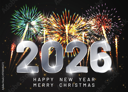 Happy new year 2026 Elegant text with light effect and fireworks.