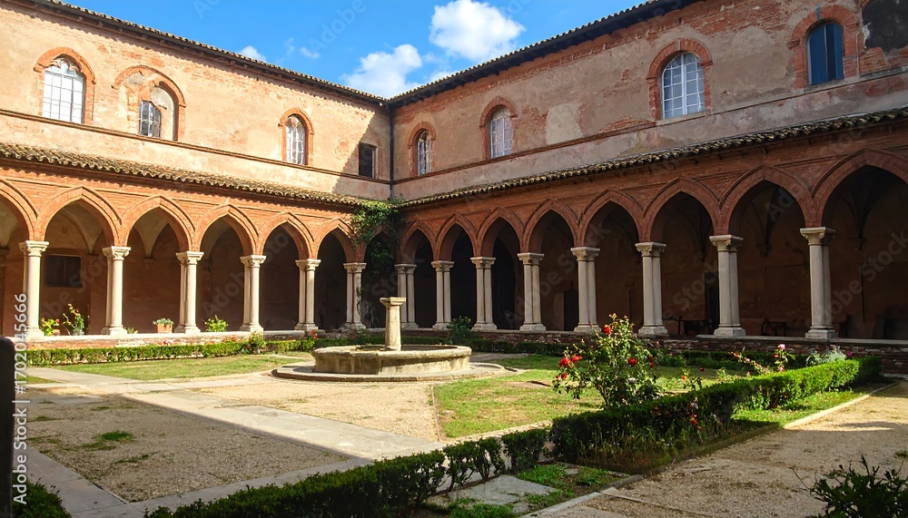 Fototapeta premium A sun-drenched courtyard with arched cloisters and a fountain, showcasing a serene and historical setting.