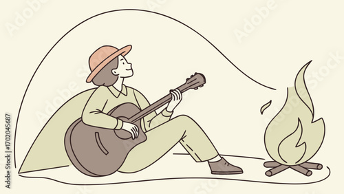 Person Playing Guitar by Campfire Vector Illustration