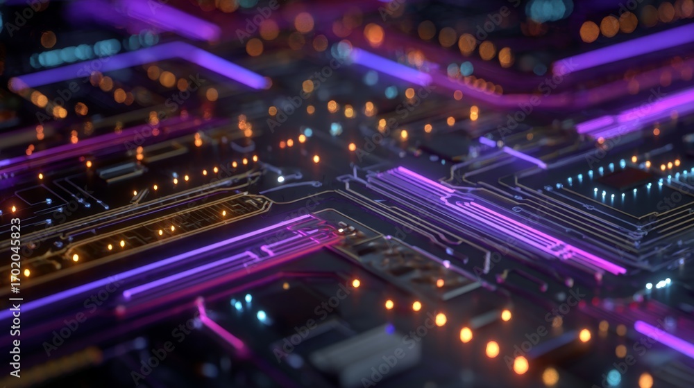 Fototapeta premium an intricate pattern that resembles a circuit board or a stylized electronic grid with various colored lights