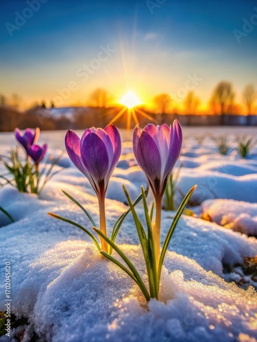 Wallpaper Mural Lush spring crocus blooms through melting snow at sunrise amidst frosty landscape Torontodigital.ca