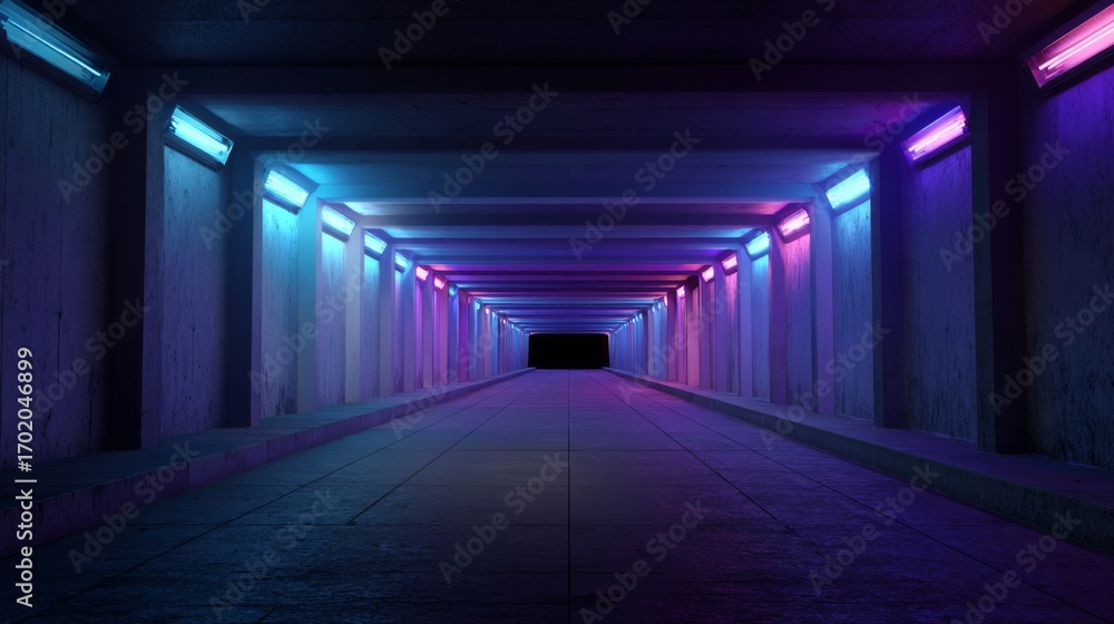 Fototapeta premium an underground tunnel that has been creatively decorated with vibrant neon lights in various shades of pink, purple, and blue. this gives the space a psychedelic, futuristic vibe