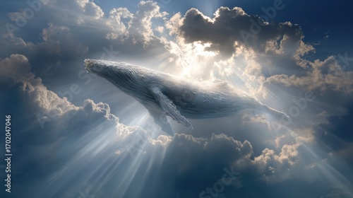 Wallpaper Mural Giant whale floating in sky among clouds with sunlight rays Torontodigital.ca