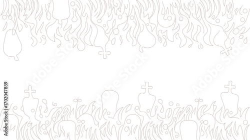 A white outline drawing of tombstones and flames on a white background with simple line art style