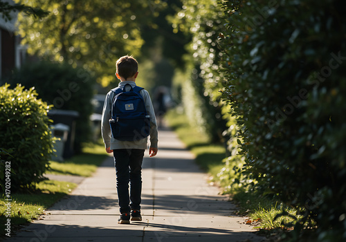Un niño saliendo de la escuela caminando por un barrio residencial de la India.