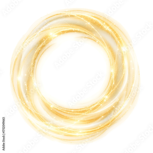 Glowing golden ring shape with luminous light streaks and sparkling particles