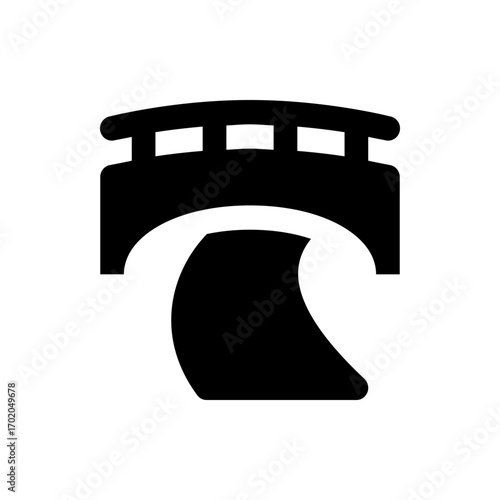 Illustration of a simple black bridge over a curved shape representing water or a road, in minimalist style