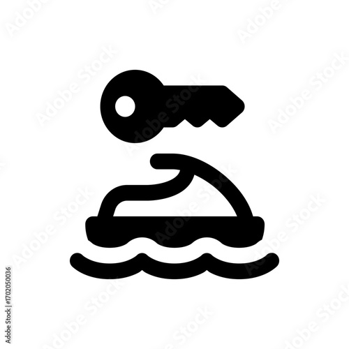 A black silhouette of a key above a jet ski riding on water waves in a simple and minimalist design style