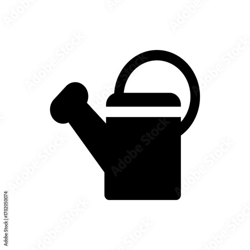 Illustration of a black watering can with a rounded handle and spout against a white background space