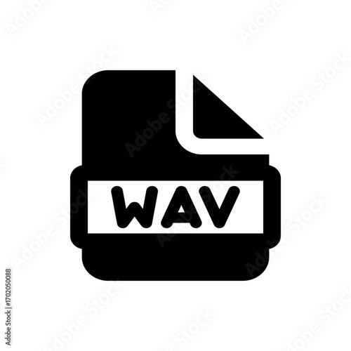 Illustration of a black wav file icon with a folded corner representing an audio file format symbol design