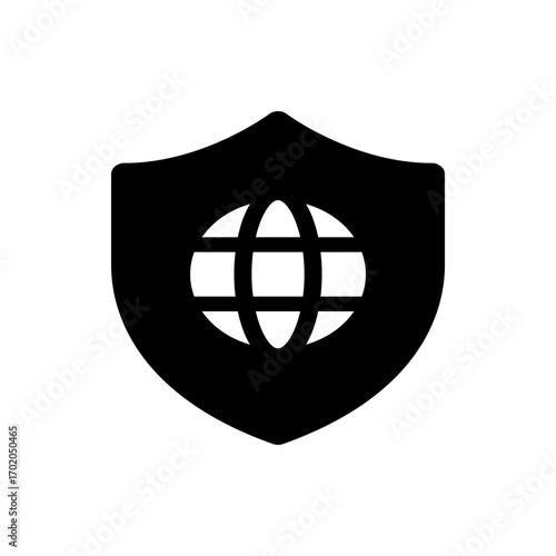 Black shield containing a white globe with horizontal and vertical lines representing longitudes