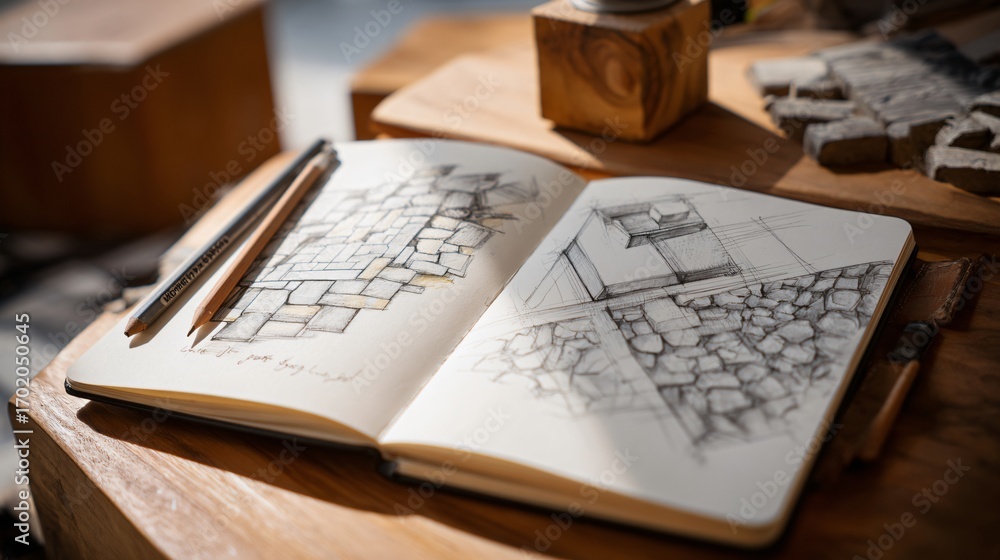 Obraz premium Conceptual flat lay: architect’s sketchbook with pencil sketches of brick wall layouts, on wooden table