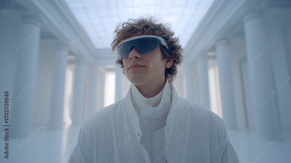 custom made wallpaper toronto digitalYoung man in futuristic glasses standing in white hall