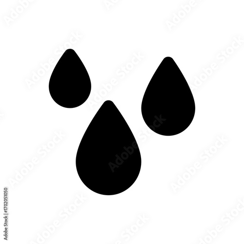 Three black water droplets arranged on a white background with varying positions and sizes shown here now