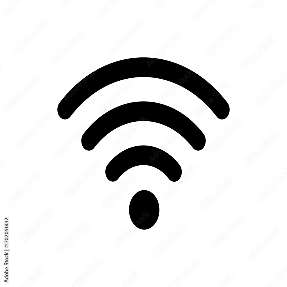 Illustration of a black wifi symbol with three curved lines and a circle indicating wireless connectivity Illustration of a black wifi symbol with three curved lines and a circle indicating wireless connectivity