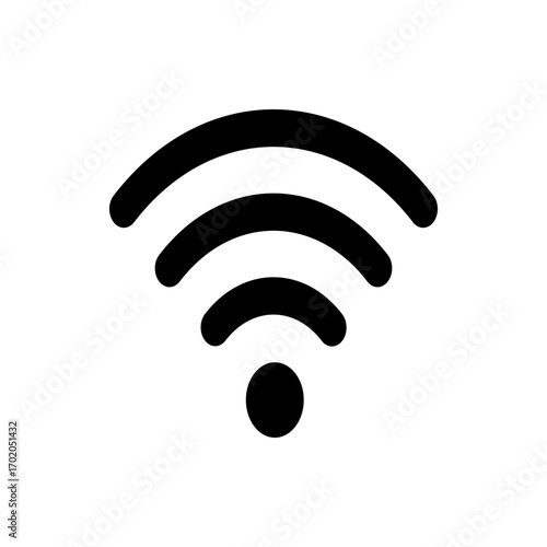 Illustration of a black wifi symbol with three curved lines and a circle indicating wireless connectivity