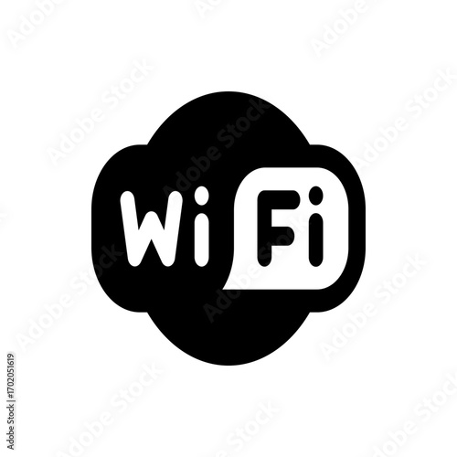 Illustration of a black and white wifi symbol with a cloud shape and the word wifi clearly displayed inside it