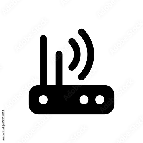 Illustration of a black wireless router with two antennas and wifi signal waves emitting from the device