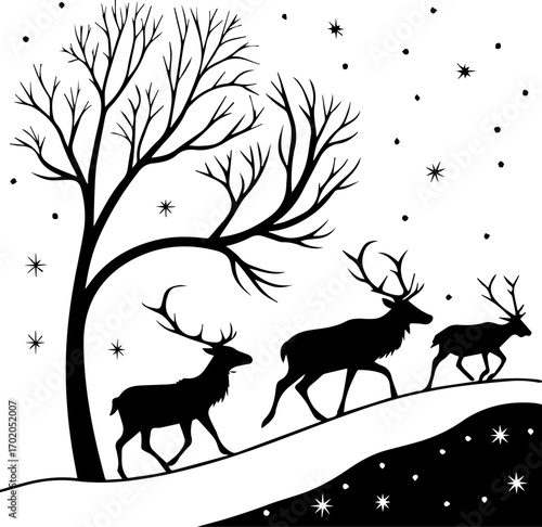 Reindeer Walking in a Snowy Winter Landscape